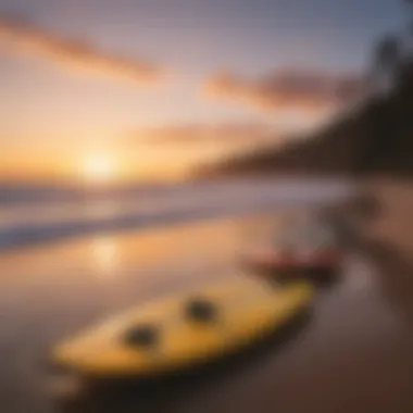 A serene sunset scene with electric surfboards on the shore