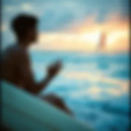 Surfer practicing breathing exercises by the ocean