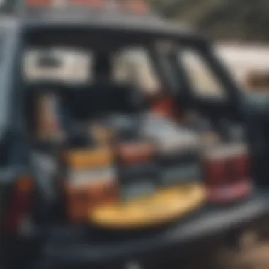 Car interior with surf gear neatly arranged