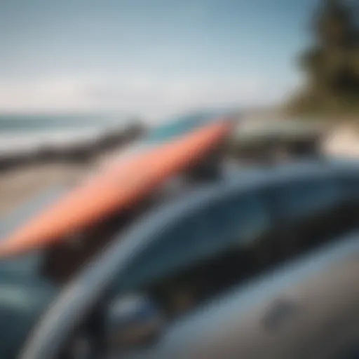 Surfboards secured on a car roof rack