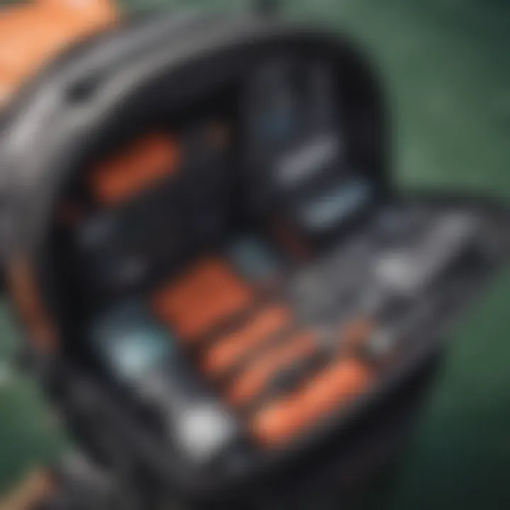 Detailed view of a kitesurfing backpack showcasing specialized compartments and organization