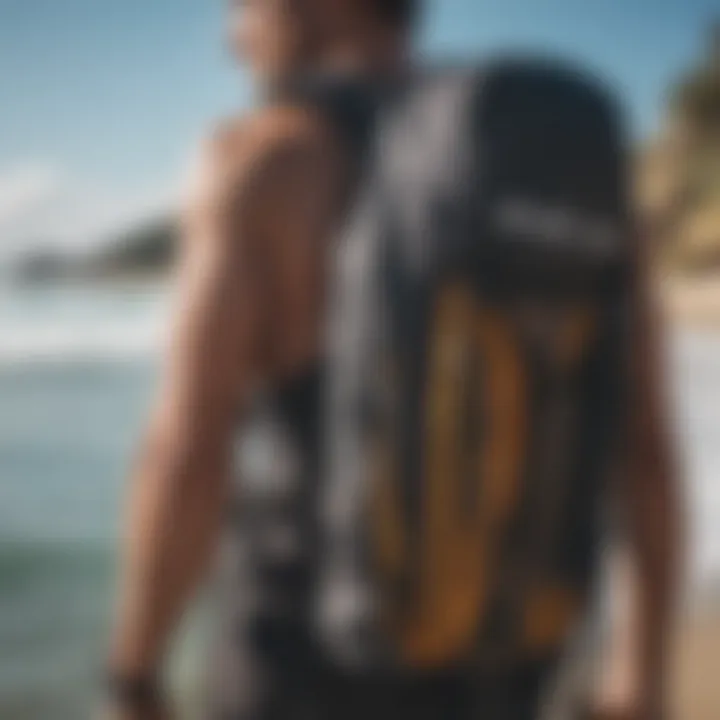 Close-up of kitesurfing backpack durability features and stitching