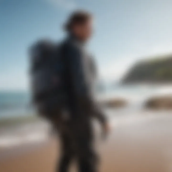 Kitesurfing enthusiast packing a backpack at the beach with gear visible