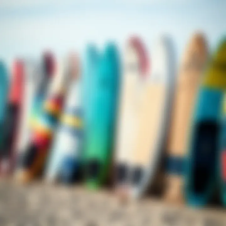 Diverse Paddle Board Selection An array of stand up paddle boards lined up on the beach, showcasing different designs and colors.