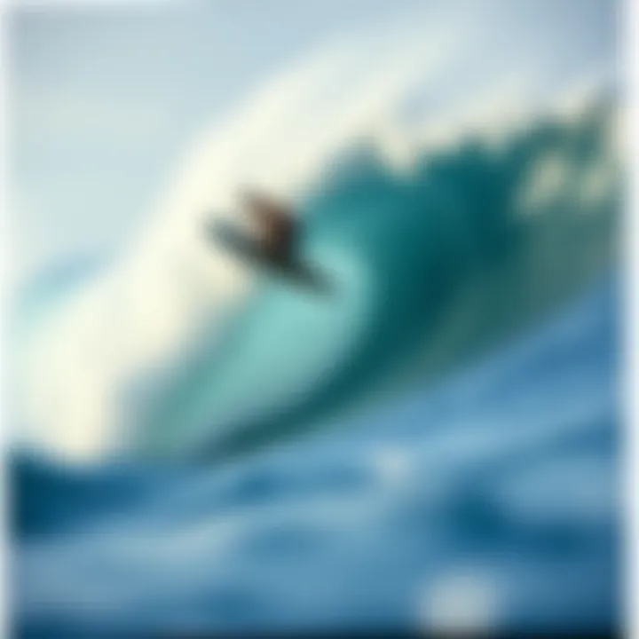 Surfer riding an enormous wave with determination and skill