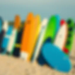 A vibrant collection of various boogie boards displayed on a sandy beach
