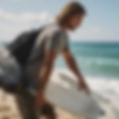 Surfer maintaining a surfboard bag for longevity