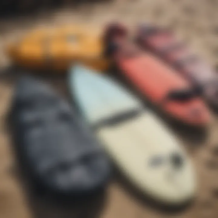 Various types of surfboard bags laid out for comparison