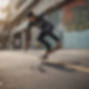 A skater performing tricks on an extra wide skateboard in an urban setting.