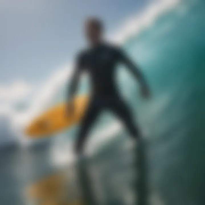 A surfer wearing a Hurley surf suit against a vibrant ocean backdrop.