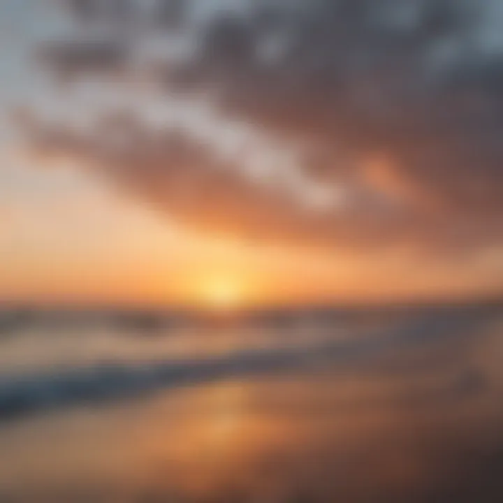 A tranquil sunset view of the Corpus Christi coastline with kite surfers