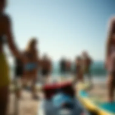 Community gathering around land stand up paddle boarding