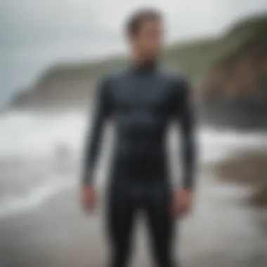 A surfer trying on a wet suit for the perfect fit