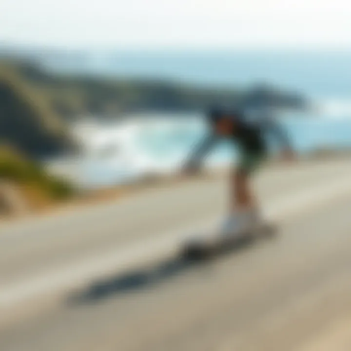 A longboarder executing a smooth slide on a coastal road