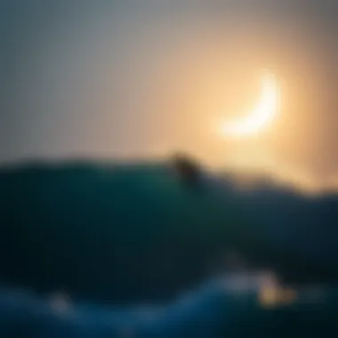 Surfing Under the Crescent Moon Surfer riding a wave under a crescent moon