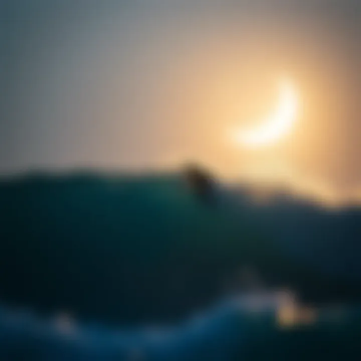 Surfing Under the Crescent Moon Surfer riding a wave under a crescent moon