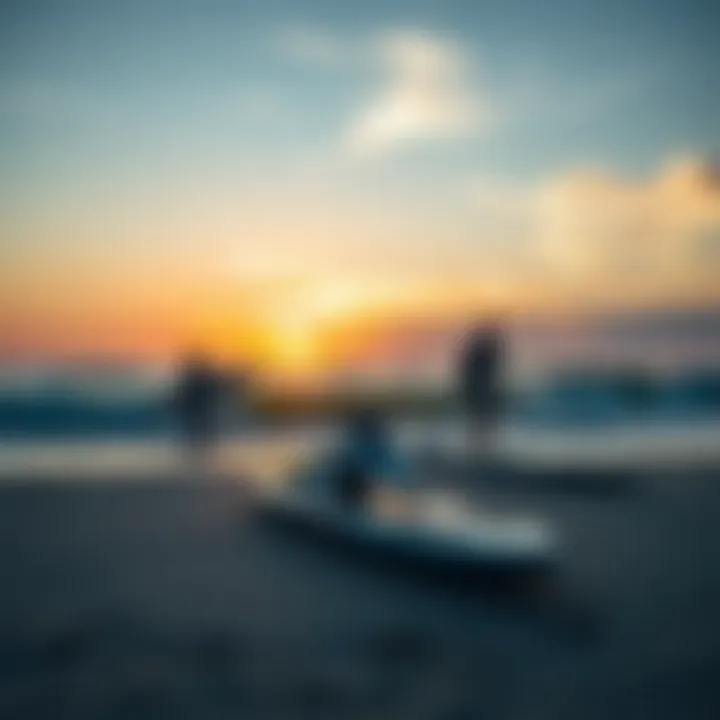 Harmony with Nature: The Future of Water Sports A serene beach with a sunset backdrop and motorised boards in the foreground