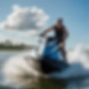 A vibrant jet ski scene with riders speeding across the waves under a clear blue sky