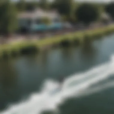 An aerial view showcasing a bustling wakeboarding event with spectators cheering on