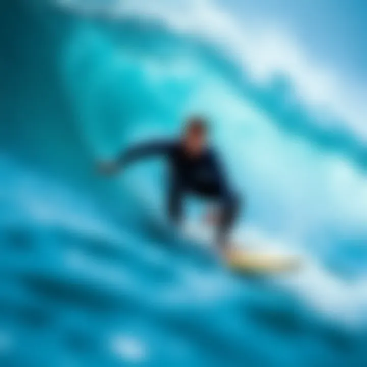 A dynamic shot of a surfer riding a wave wearing a high-performance reaction wetsuit.
