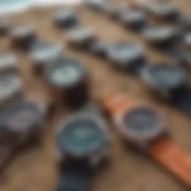 A collection of various Rip Curl watch models displayed together, highlighting the diversity in styles