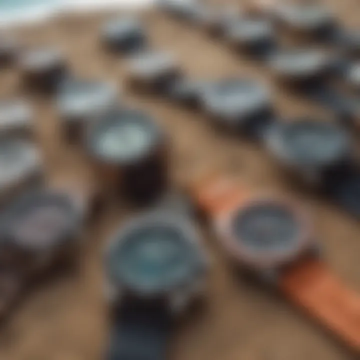 A collection of various Rip Curl watch models displayed together, highlighting the diversity in styles