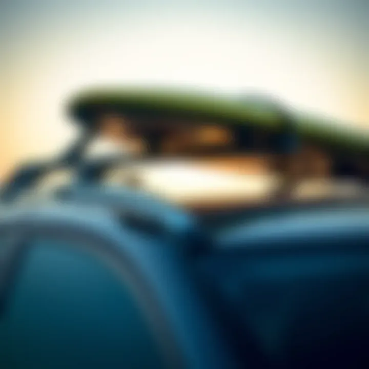Surfboard secured on a roof rack with protective pads