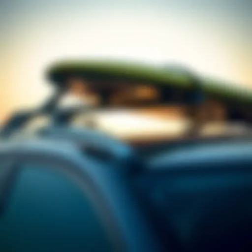 Surfboard Safety on Roof Racks Surfboard secured on a roof rack with protective pads