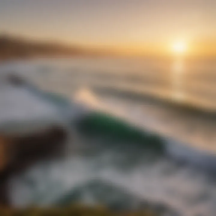 A view of Santa Cruz coastline with surfers in the water during sunset