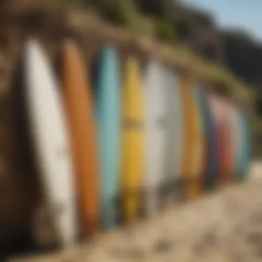 A selection of different surfboards lined up against a sandy beach