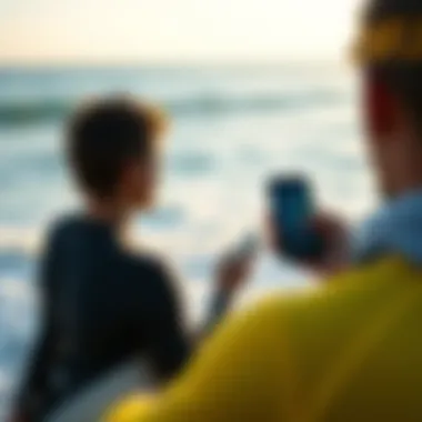A surfer checking a shark tracker app before heading out to the ocean.