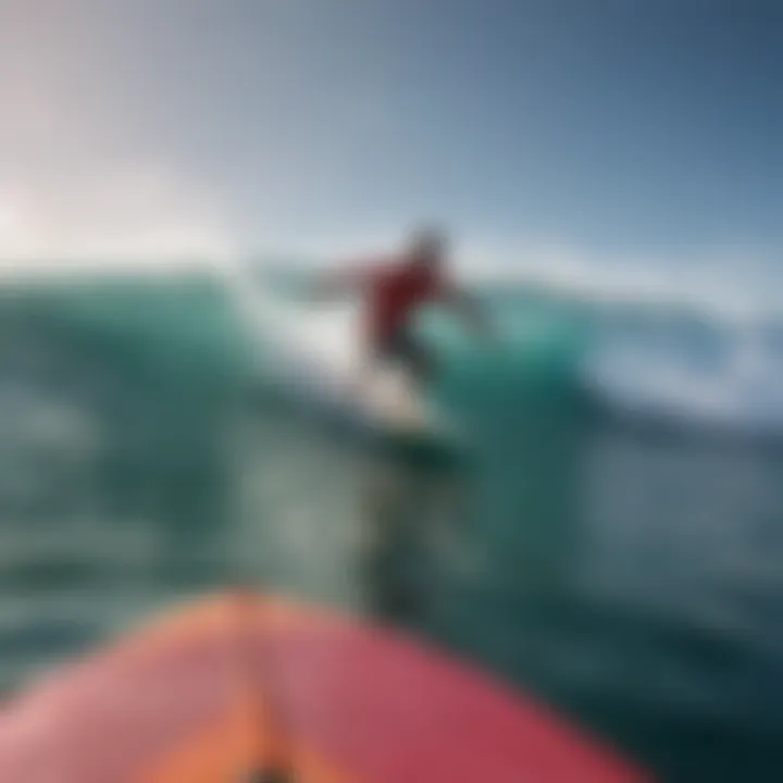 A surfer catching a wave on a colorful soft top surfboard