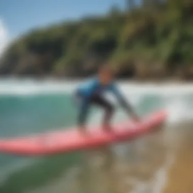 A colorful surf school classroom on the beach with students learning