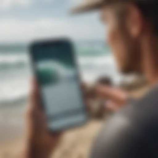 A surfer checking a surf forecast app on a smartphone