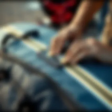Close-up of a surf patch being applied to a surfboard bag