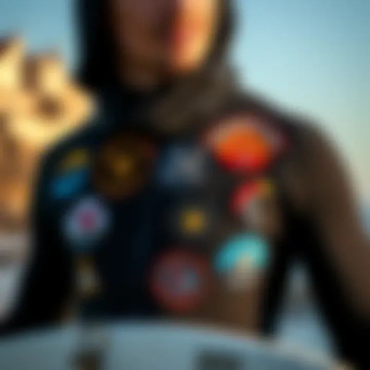 Stylish surfer showcasing personalized gear with patches