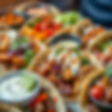 An array of surf n turf tacos with various toppings and sauces