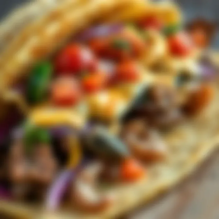 A close-up of a surf n turf taco highlighting textures and colors