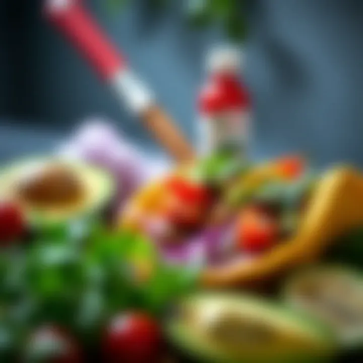 Fresh ingredients for surf n turf tacos including avocados and fresh herbs