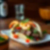 A beautifully plated surf n turf taco showcasing shrimp and steak