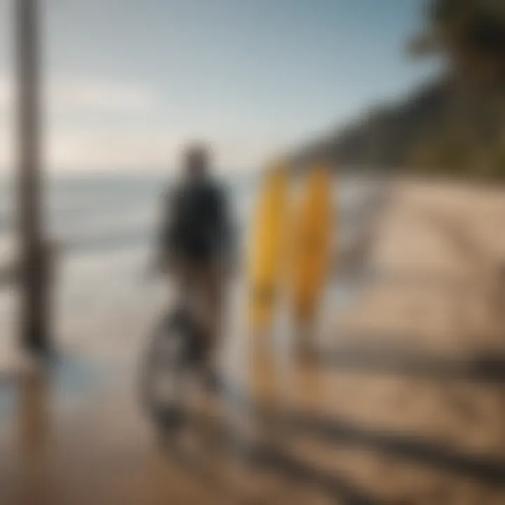 A picturesque scene of a cyclist with a surfboard on a bike rack, heading towards a beach, embodying a surfing lifestyle.