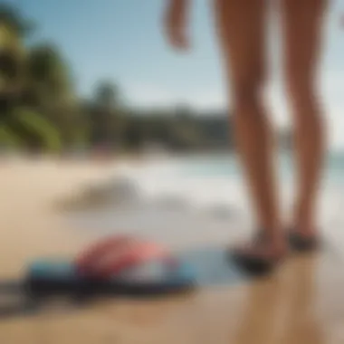 A vibrant beach scene depicting surf culture and flip flops.