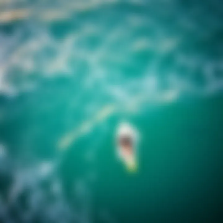 An aerial perspective of a vibrant surf spot bustling with activity