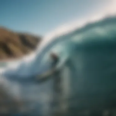 A surfer riding a challenging wave in a remote location