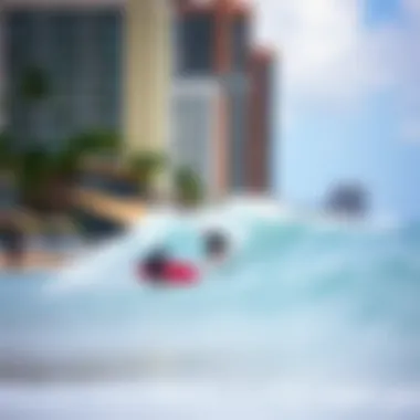 Vibrant nearby beach scene with surfers catching waves