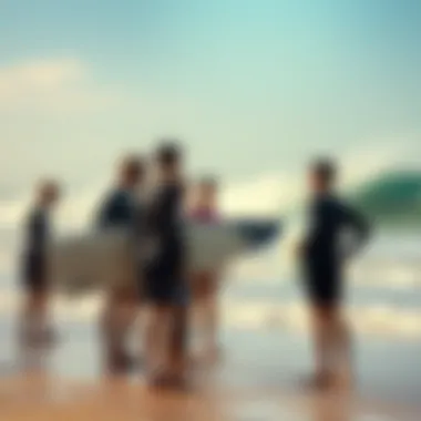 Surfers Sharing Insights on Conditions A gathering of surfers discussing wave conditions on the beach.