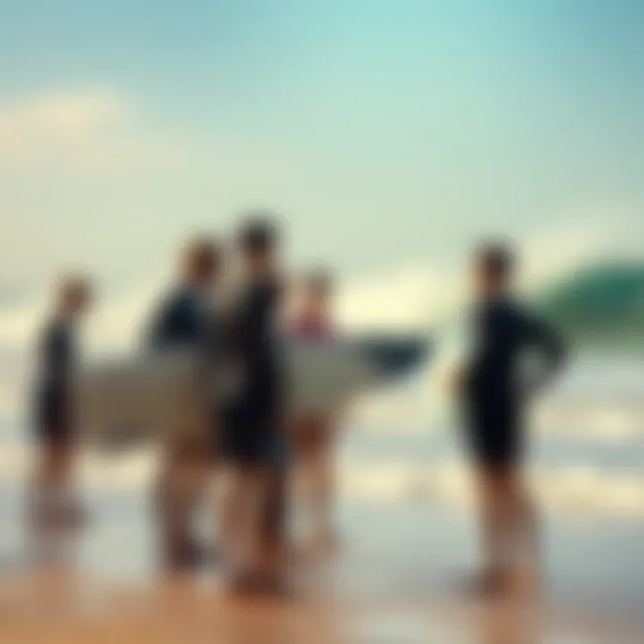 Surfers Sharing Insights on Conditions A gathering of surfers discussing wave conditions on the beach.