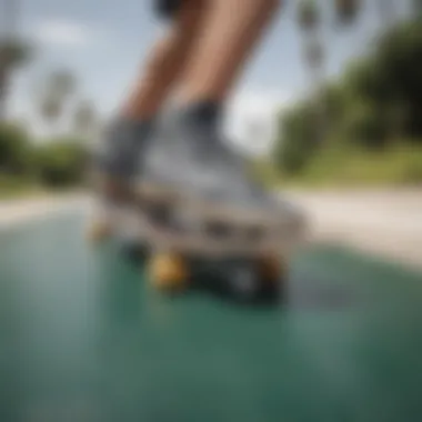 Surfskate shoes in action on a skateboard