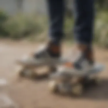 Different styles of surfskate shoes displayed