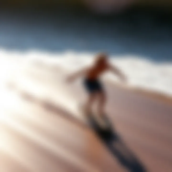 A surfskater gliding effortlessly on a smooth pavement mimicking ocean waves.